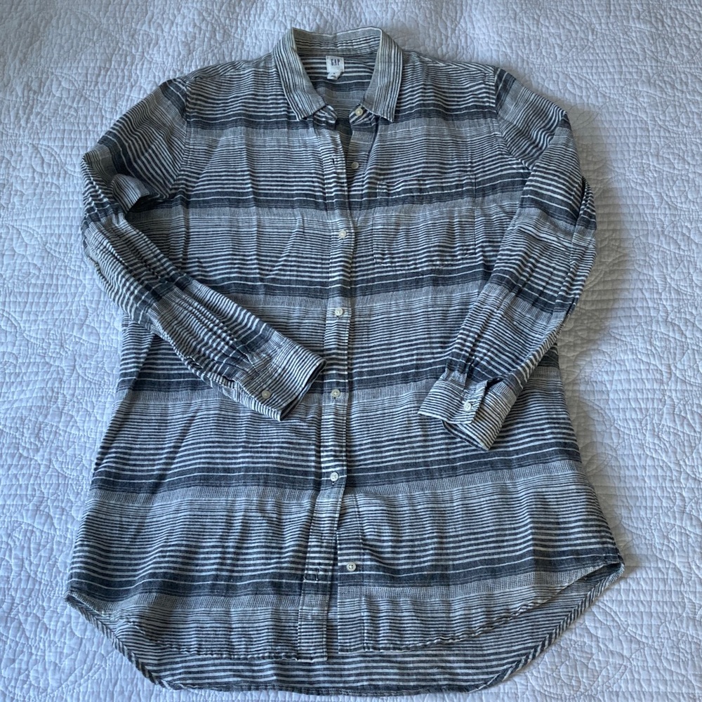 GAP Gauzy Soft Linen Striped Button-Down Tunic Shirt